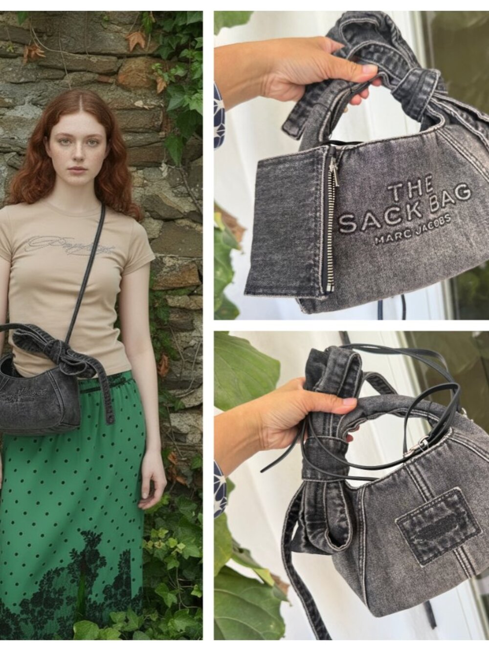 MARC JACOBS THE BOW DENIM MINI SACK BAG $258 Black Wash